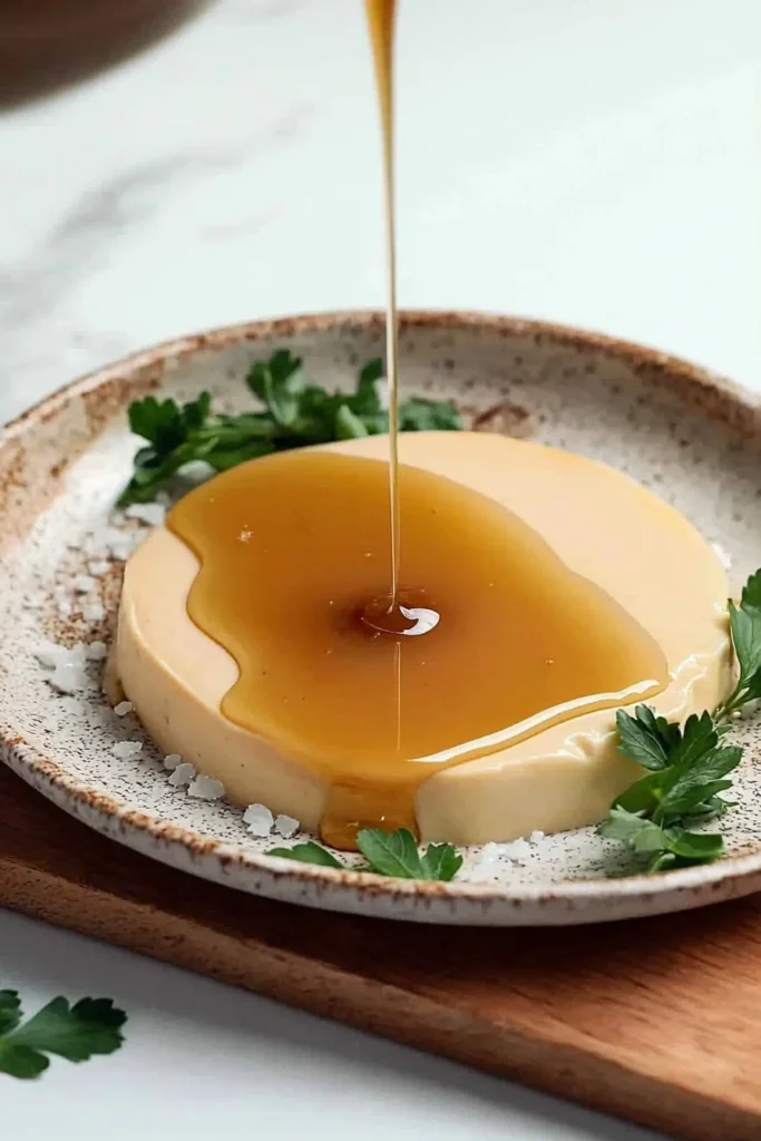 Delicious vegan caramel cream in a glass dish, topped with nuts and drizzled sauce