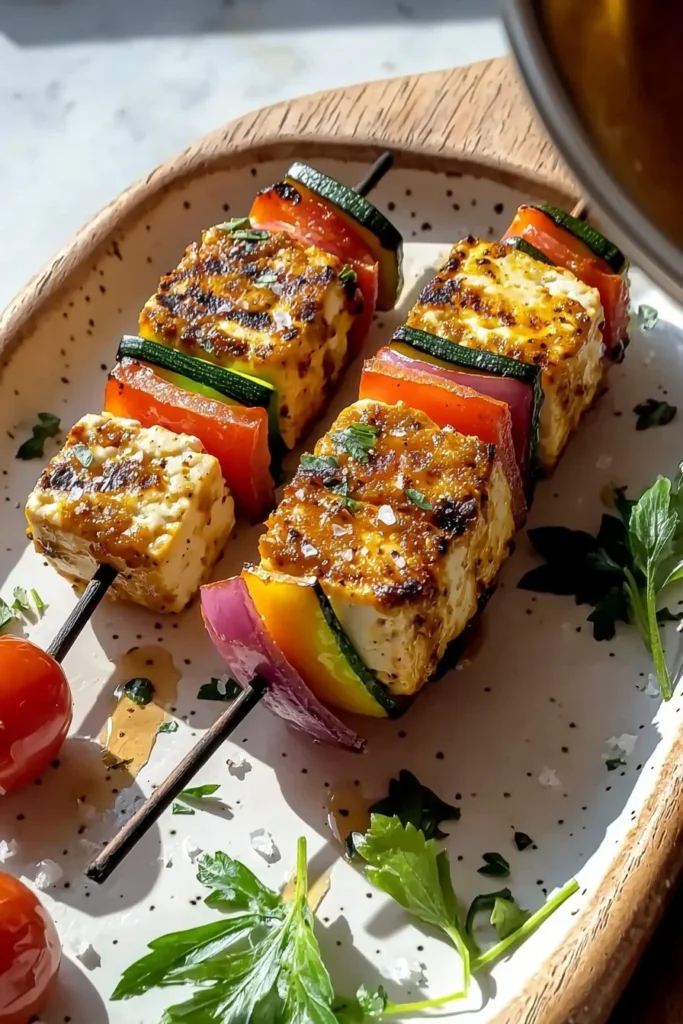 Delicious vegan kebabs served on a skewer with colorful vegetables and spices