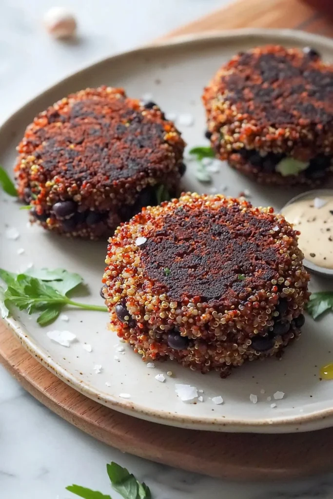 Vegan quinoa black bean burgers served with fresh toppings
