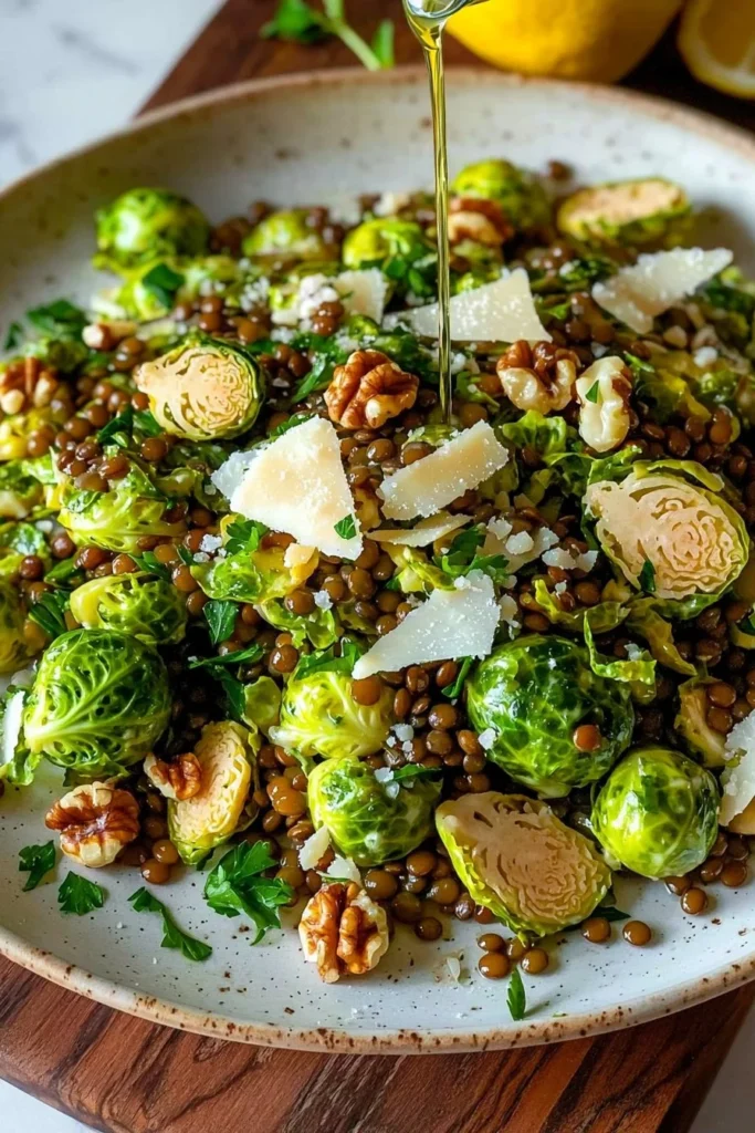 Warm Brussels sprout salad with lentils, garnished with fresh herbs.