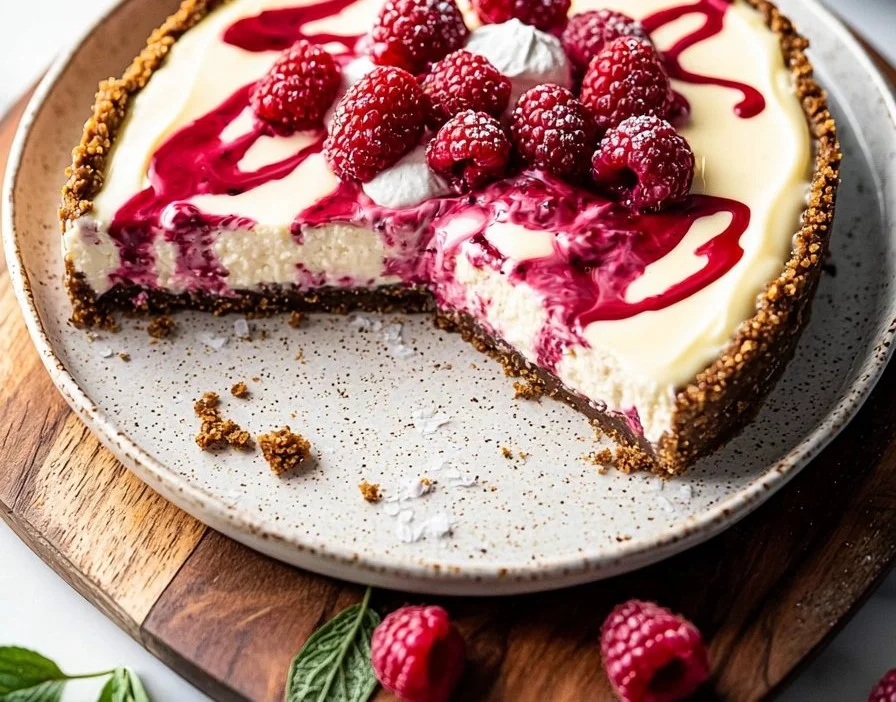 Slice of white chocolate raspberry cheesecake topped with fresh raspberries