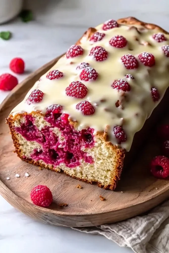Slices of white chocolate raspberry loaf cake on a plate