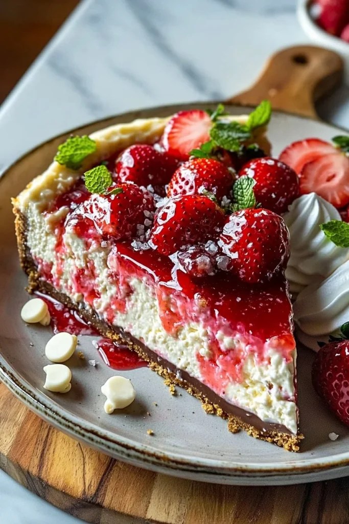 Delicious white chocolate strawberry cheesecake slice on a plate