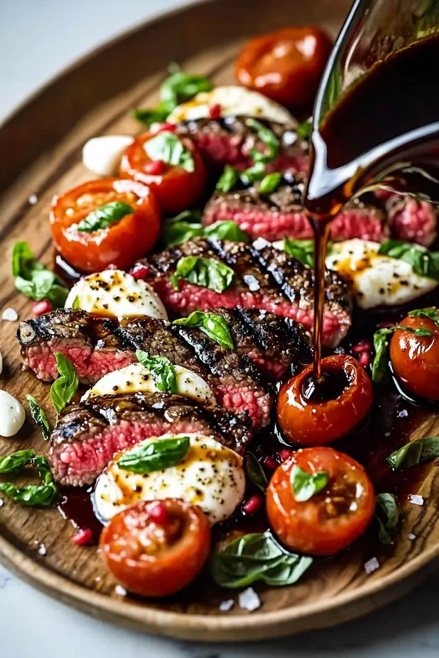 Zesty Grilled Flank Steak Caprese with Pomegranate Glaze