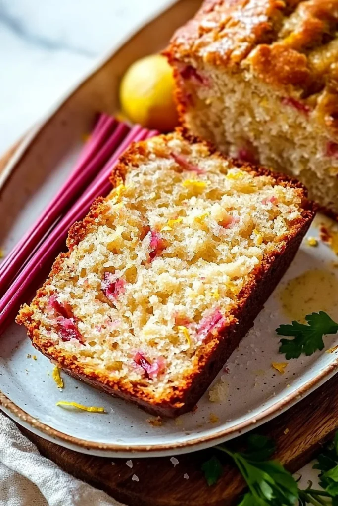 Delicious slice of zesty lemon rhubarb bread with lemon glaze on a wooden table