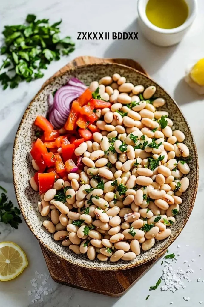 Zesty white bean salad with fresh vegetables and herbs in a bowl