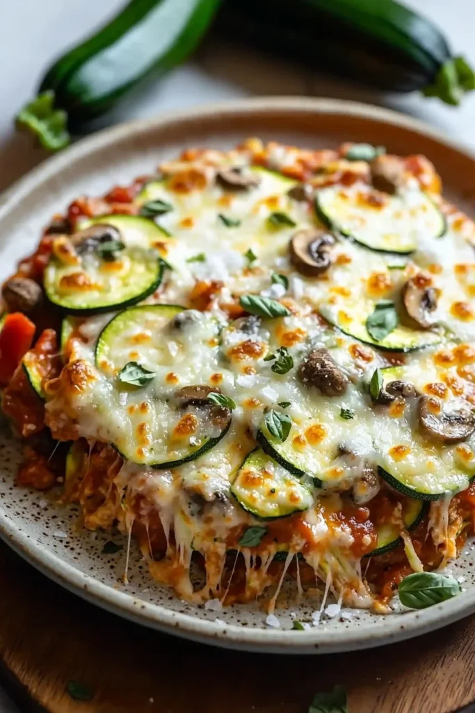 Zucchini Pizza Casserole topped with cheese and vegetables