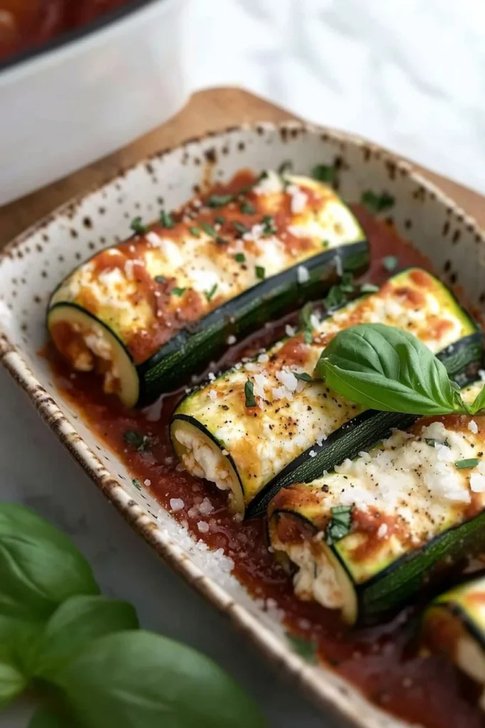 Delicious zucchini rolls filled with cheese and herbs on a plate