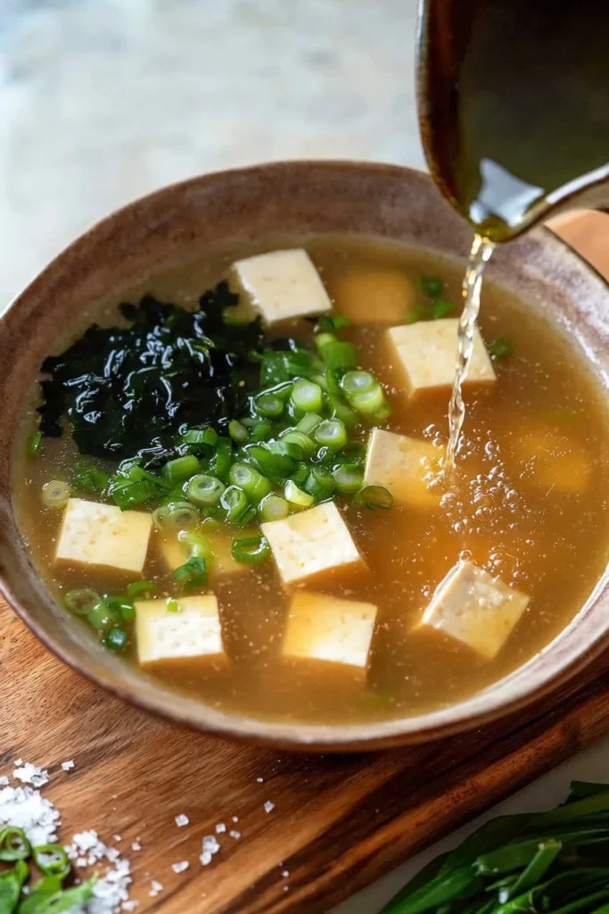 Bowl of quick 10 Minute Miso Soup garnished with scallions and tofu