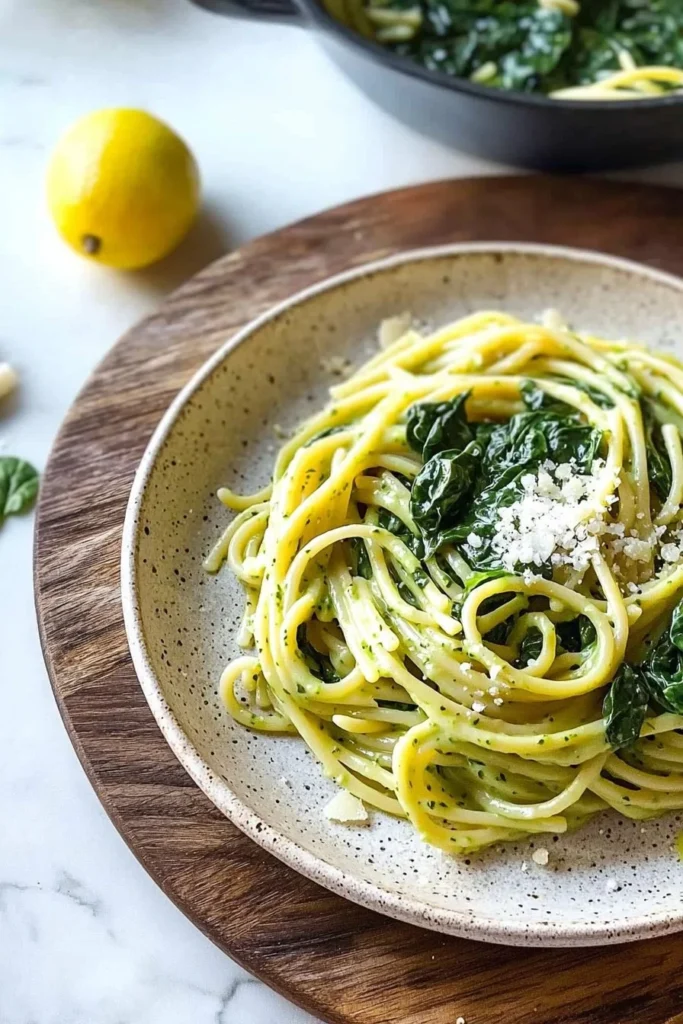 A bowl of 10 Minute Spinach Pasta with fresh spinach and herbs