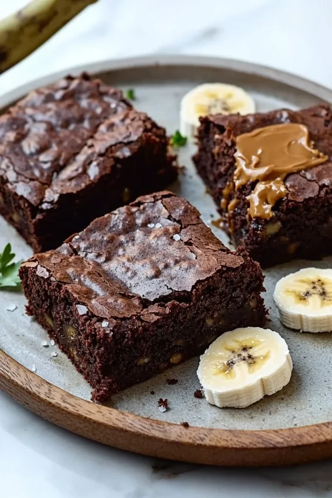 3 ingredient brownies with banana on a plate