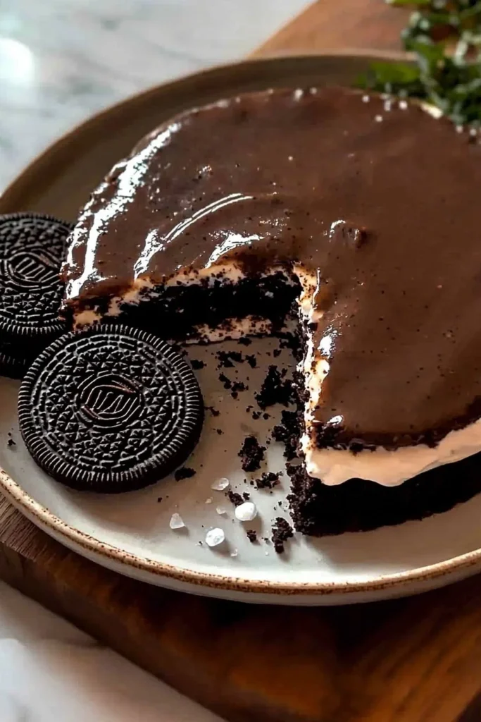 Delicious 3-Ingredient Cookies and Cream Cake with chocolate cookies and cream frosting.
