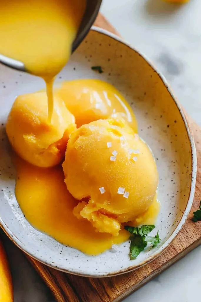 Bowl of 3-Ingredient Mango Sorbet with fresh mango slices