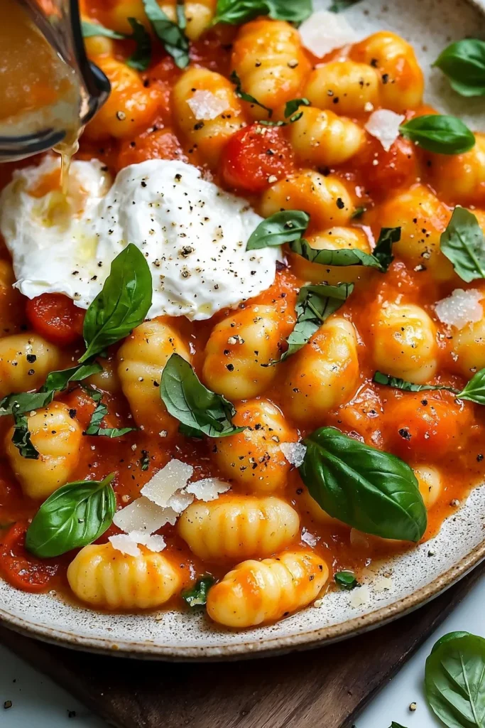 Creamy tomato gnocchi topped with burrata in a bowl