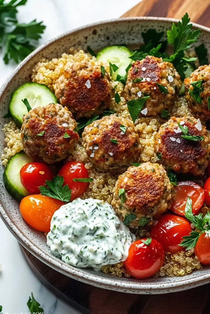 Healthy Greek turkey meatball bowl topped with fresh ingredients and herbs.