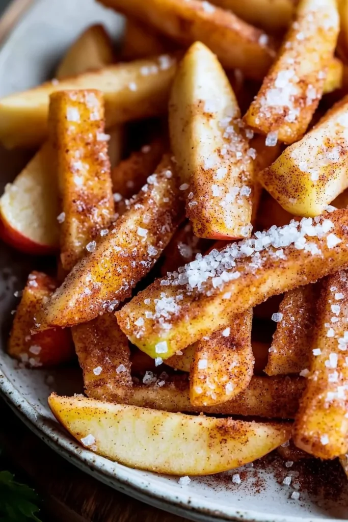 Delicious air fryer apple fries served with caramel dipping sauce