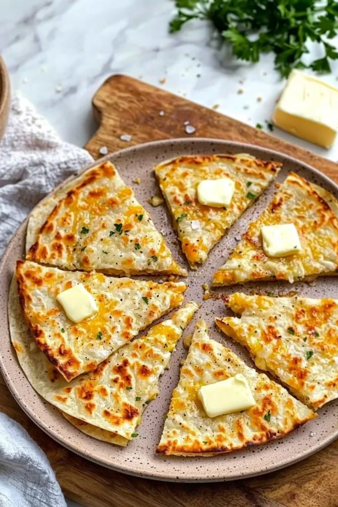 Air fryer cheesy tortilla garlic bread with melted cheese and garlic.