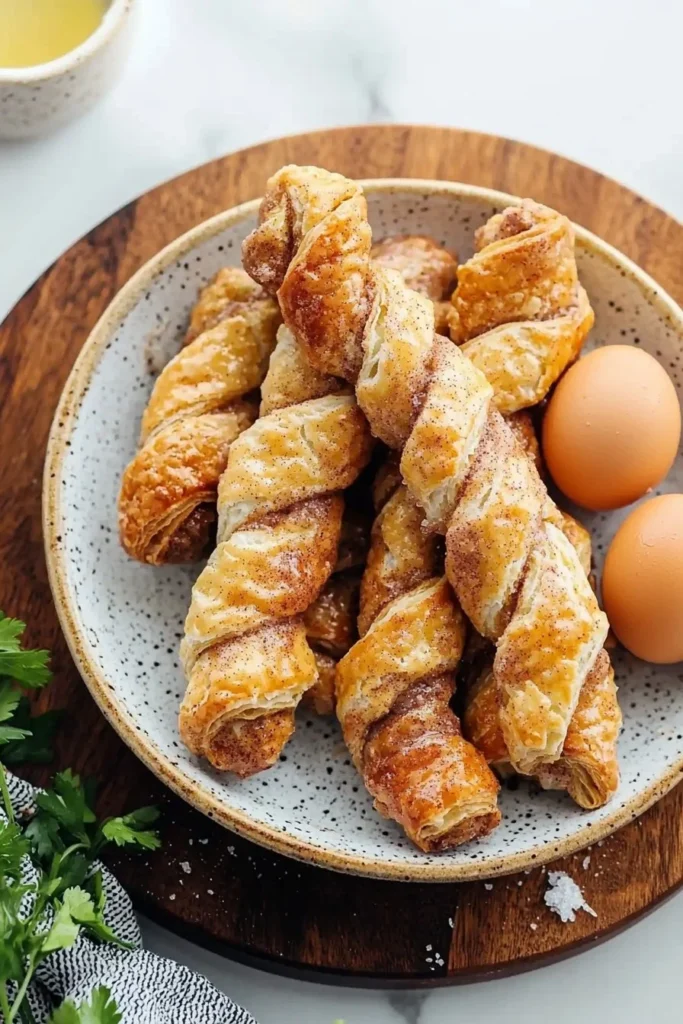 Delicious air fryer cinnamon twists served on a plate with a sprinkle of sugar.