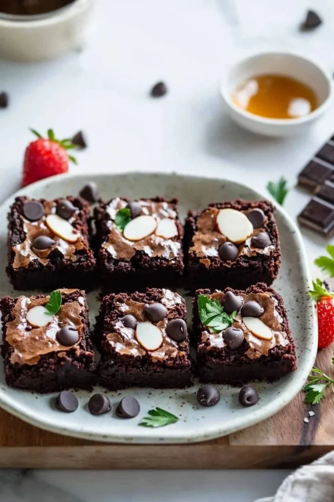 Delicious almond flour chocolate brownies on a plate.