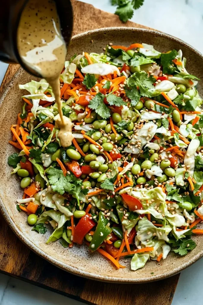 Bowl of vibrant Asian Chopped Salad with fresh vegetables and sesame dressing