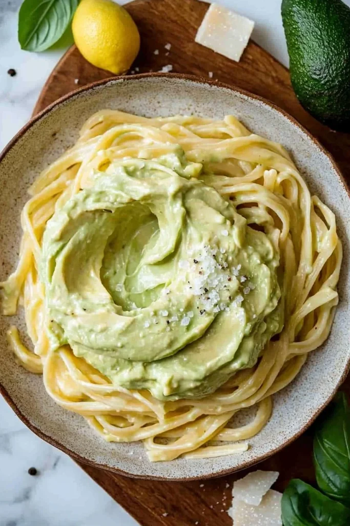 Bowl of creamy avocado cream pasta garnished with fresh herbs and cherry tomatoes