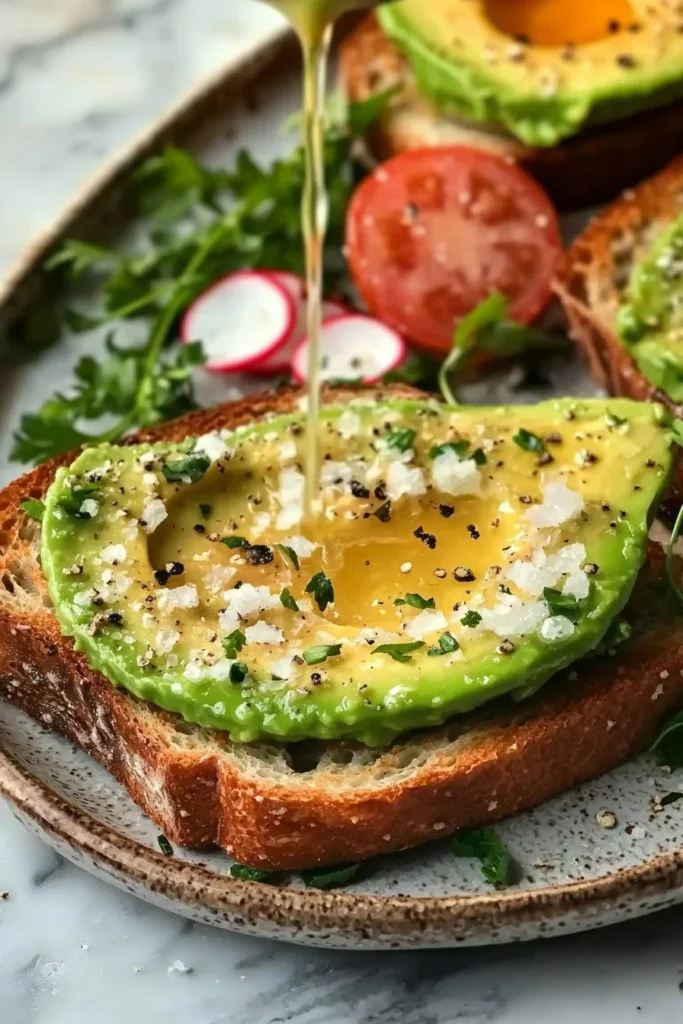 Image of delicious avocado toast topped with cherry tomatoes and herbs