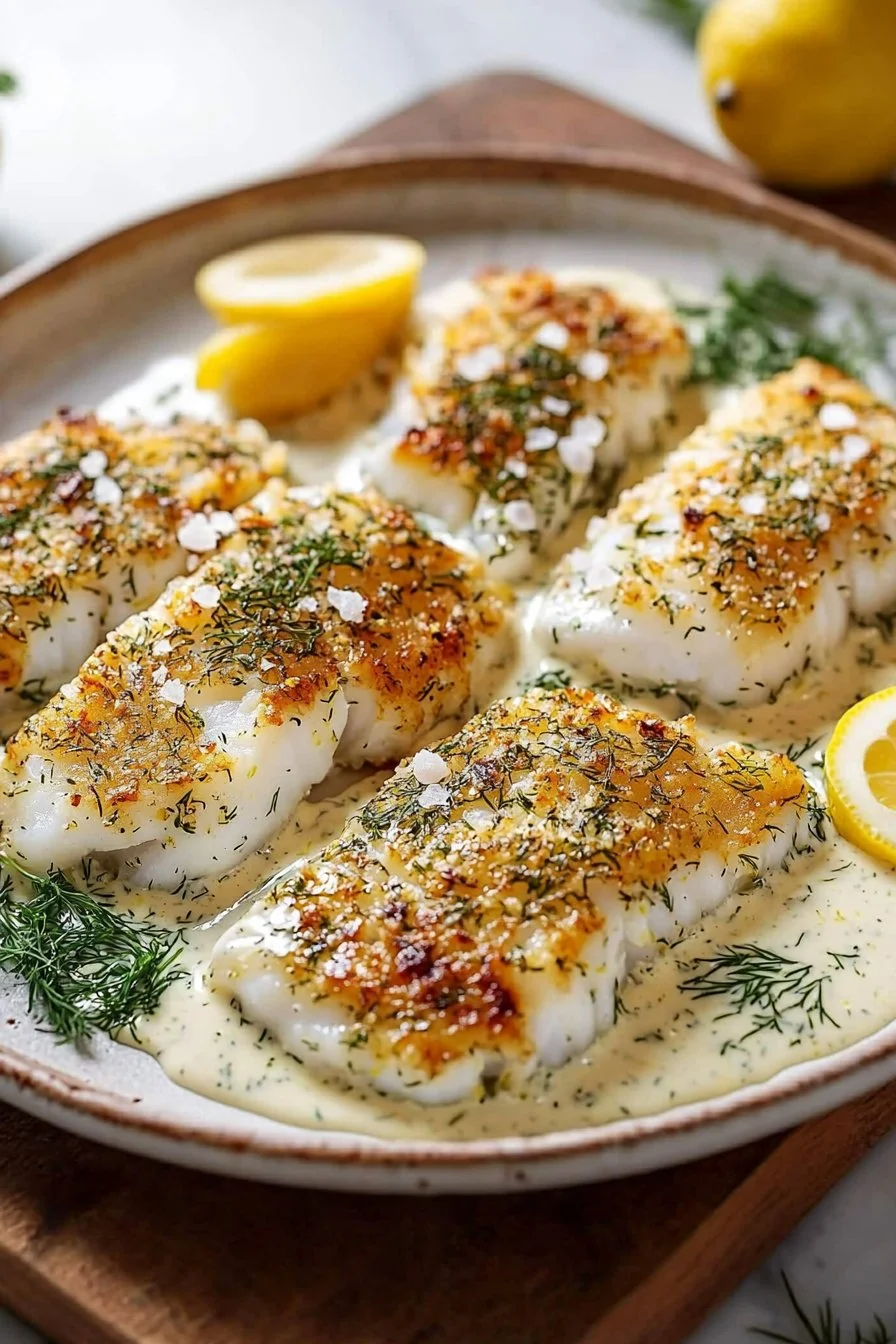 Baked Cod with Creamy Lemon Dill Sauce