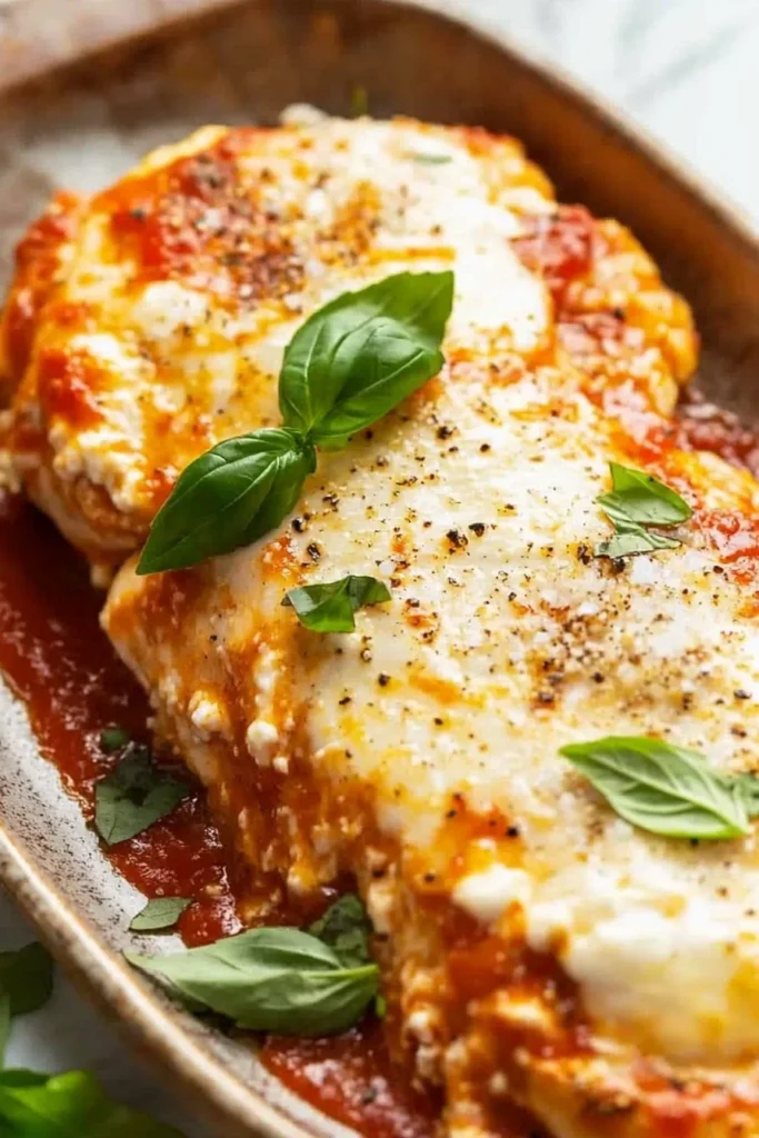 Delicious Baked Ricotta Chicken served with herbs and a side of vegetables.