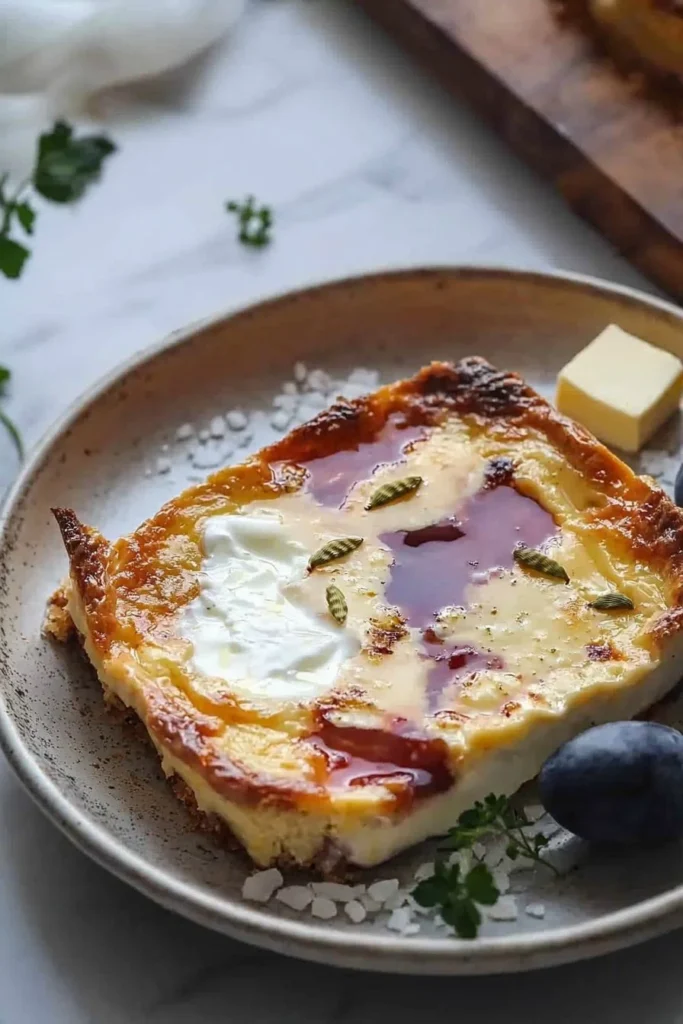 Delicious baked yogurt topped with fresh fruits and nuts