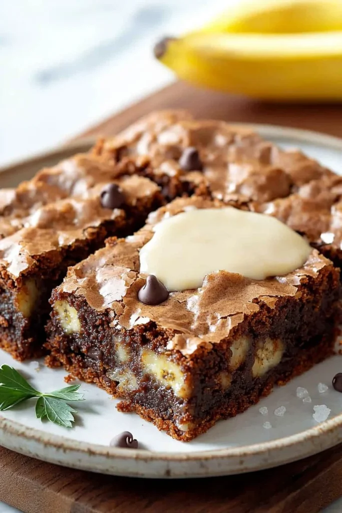 Delicious banana bread brownies served on a plate, showcasing their rich texture.