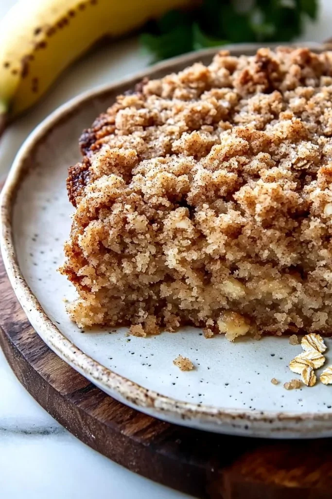 Slice of Banana Crumb Coffee Cake topped with a buttery streusel on a plate.