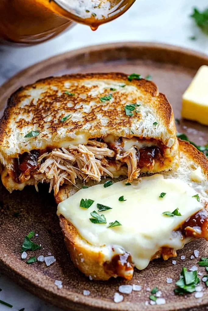 Delicious BBQ Chicken Grilled Cheese sandwich with melted cheese and smoky flavors.