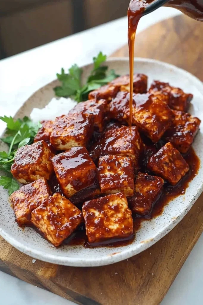 Grilled BBQ Tofu with smoky glaze and garnishes on a plate