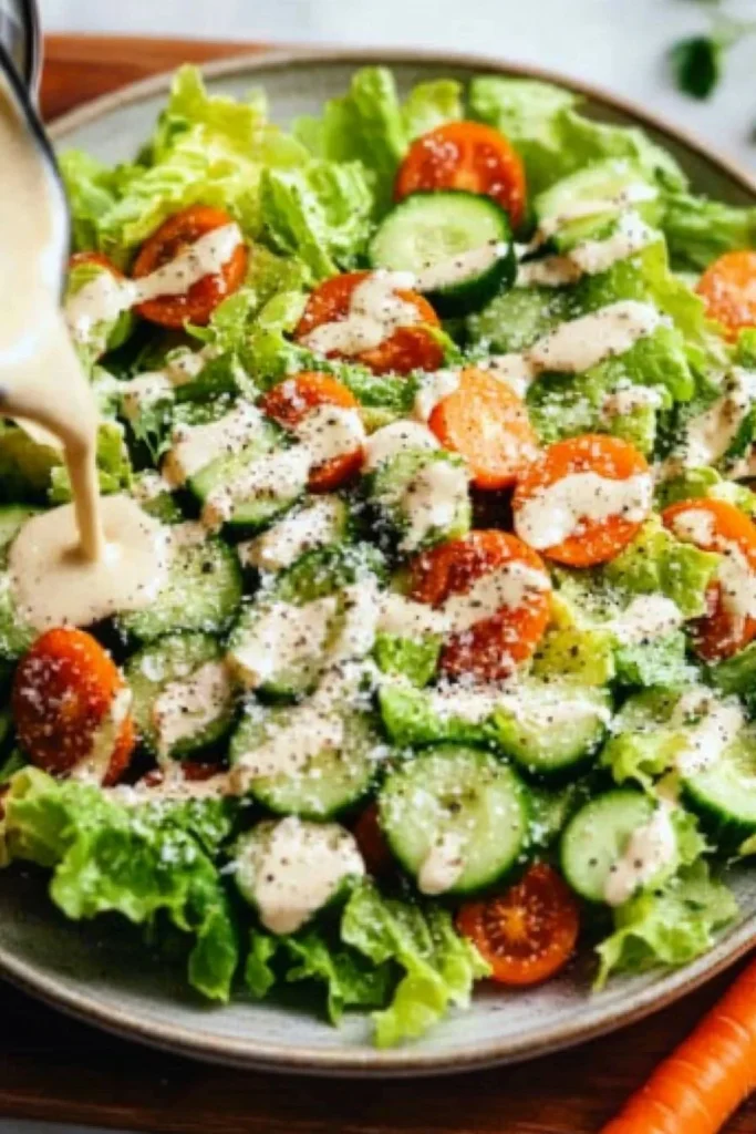 Delicious creamy garden salad with fresh vegetables and dressing