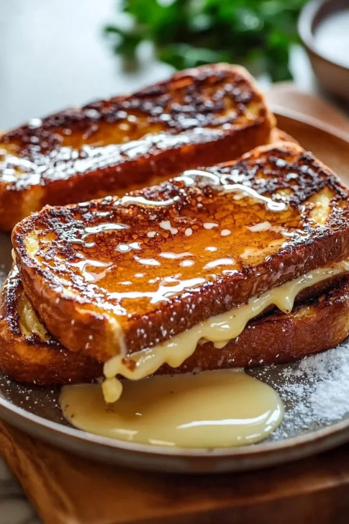 Delicious crème brûlée French toast topped with caramelized sugar and fresh fruits