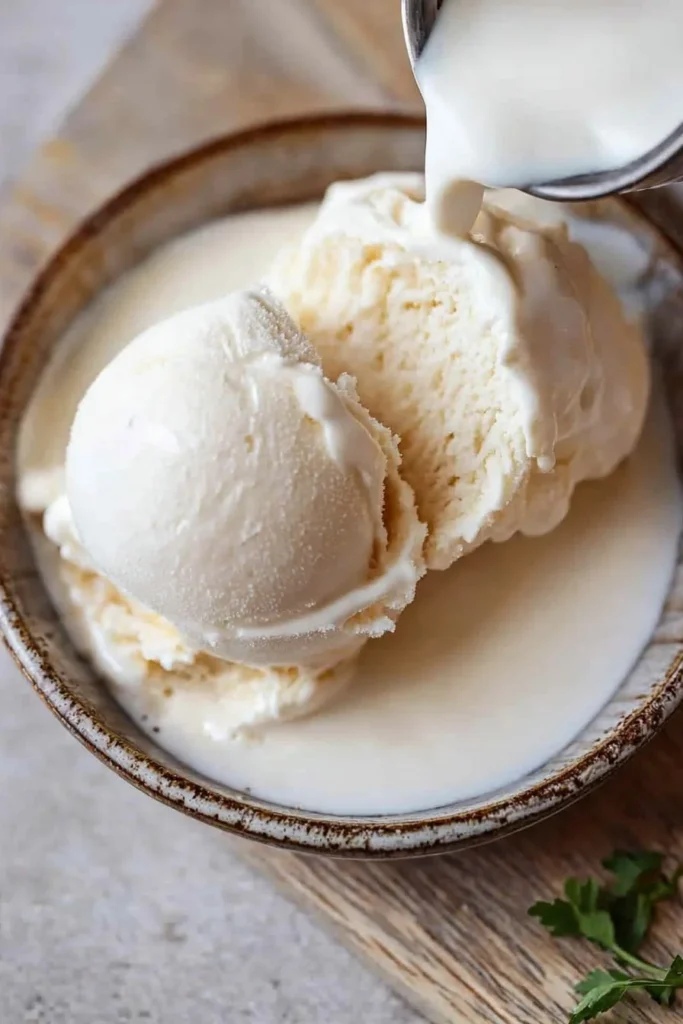 Delicious bowl of homemade vanilla ice cream topped with fresh berries