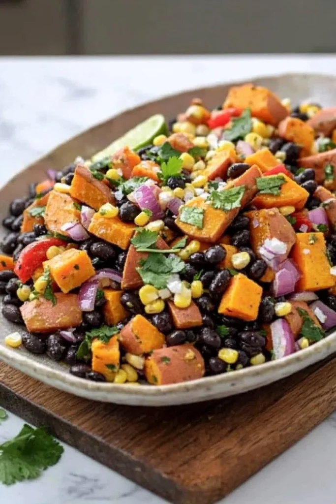 Colorful Black Bean Salad with Sweet Potato, fresh vegetables, and herbs