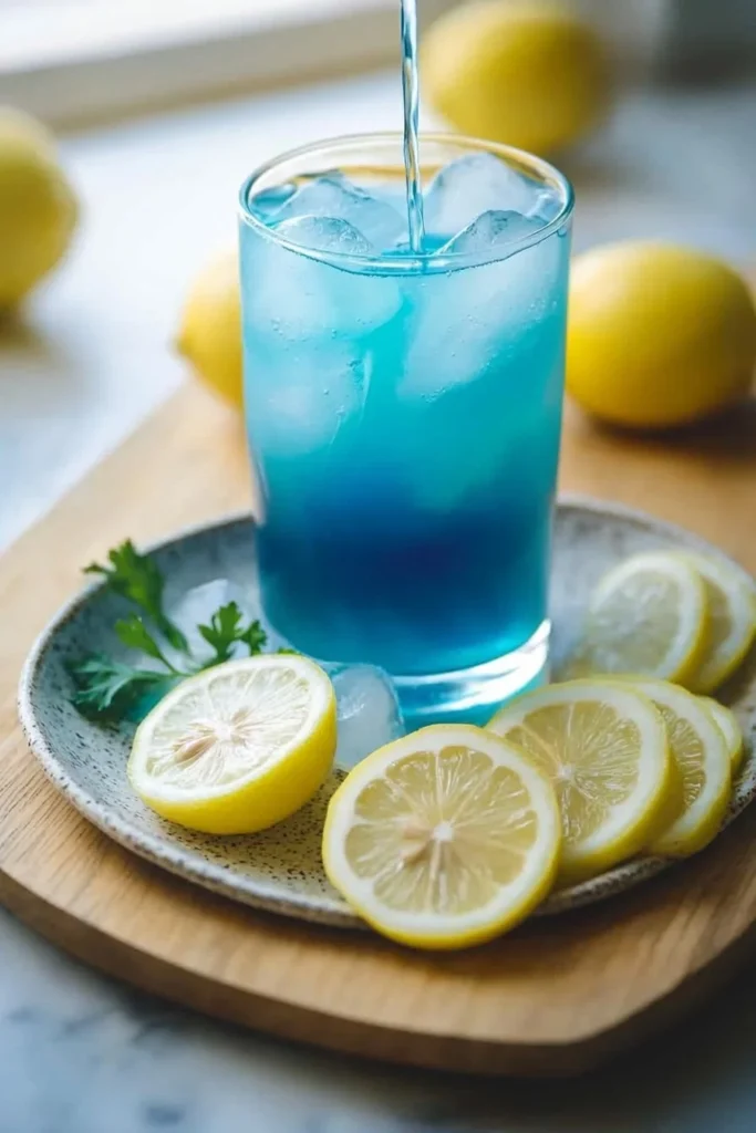A refreshing glass of blue lemonade garnished with lemon slices and ice.
