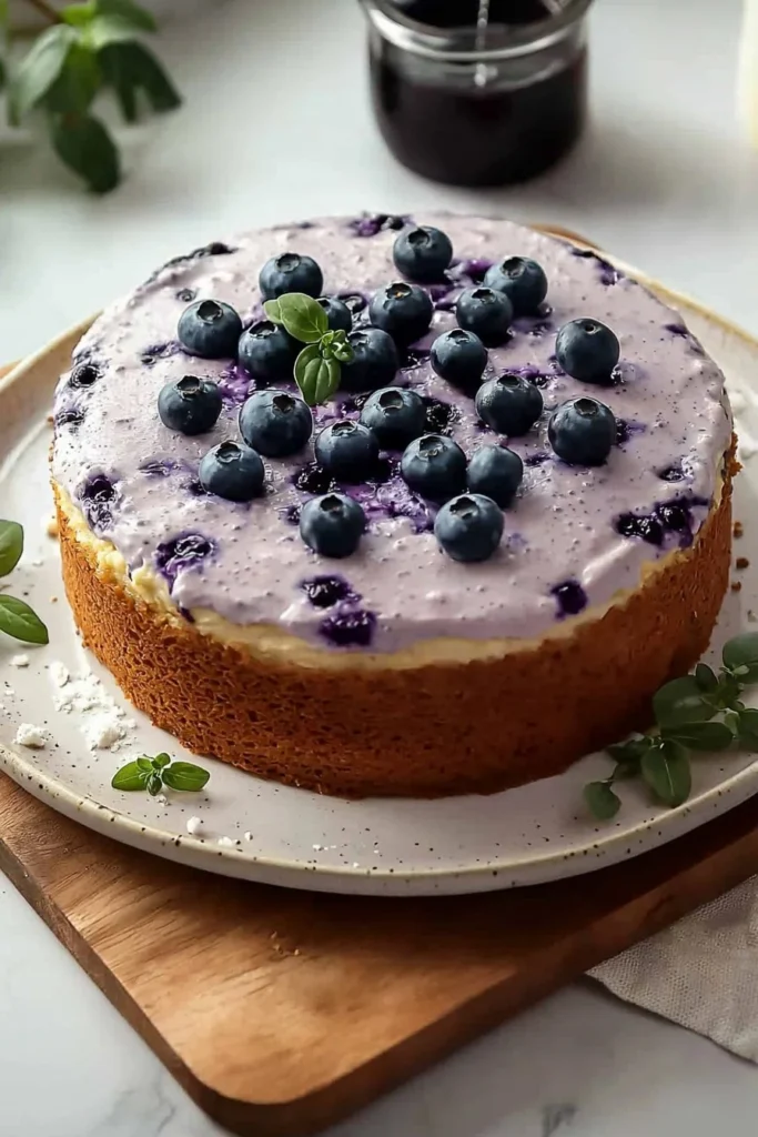Delicious Blueberry Chiffon Cake with fresh blueberries and whipped cream topping.