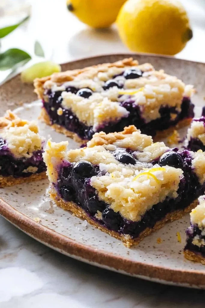 Blueberry lemon pie bars topped with fresh blueberries and lemon zest