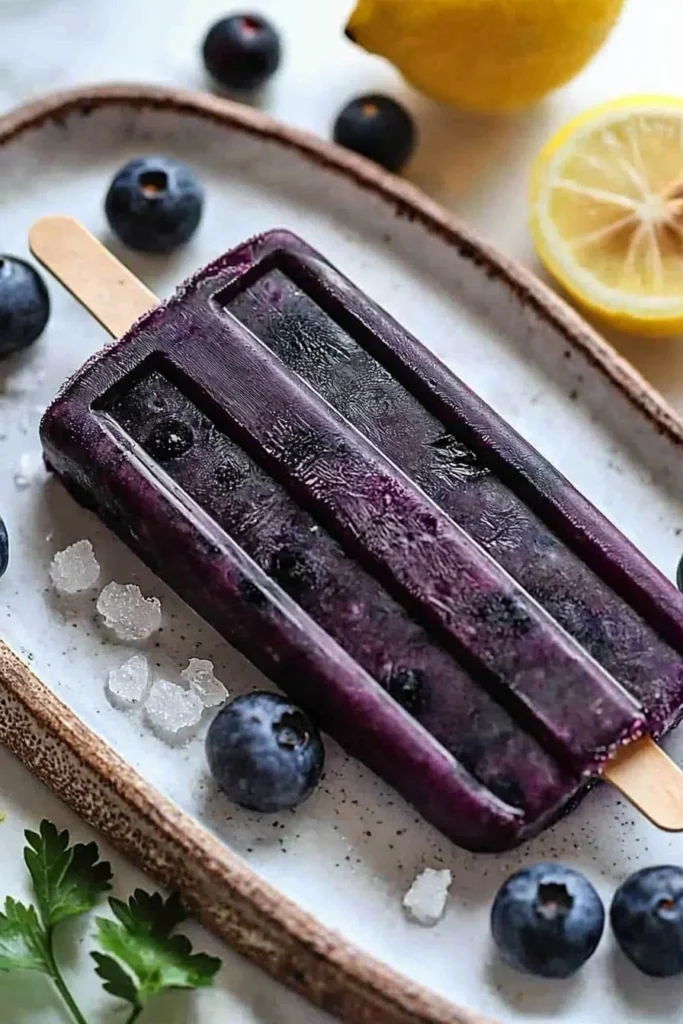 Image of homemade blueberry lemon popsicles on a sunny day