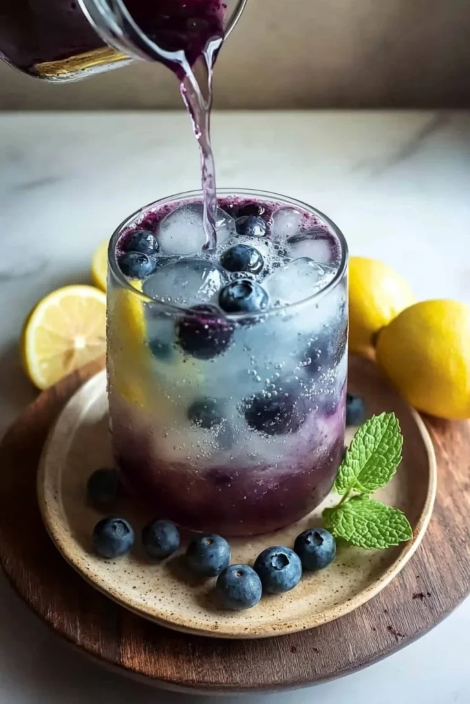 A refreshing glass of blueberry lemonade garnished with fresh blueberries and a lemon slice.