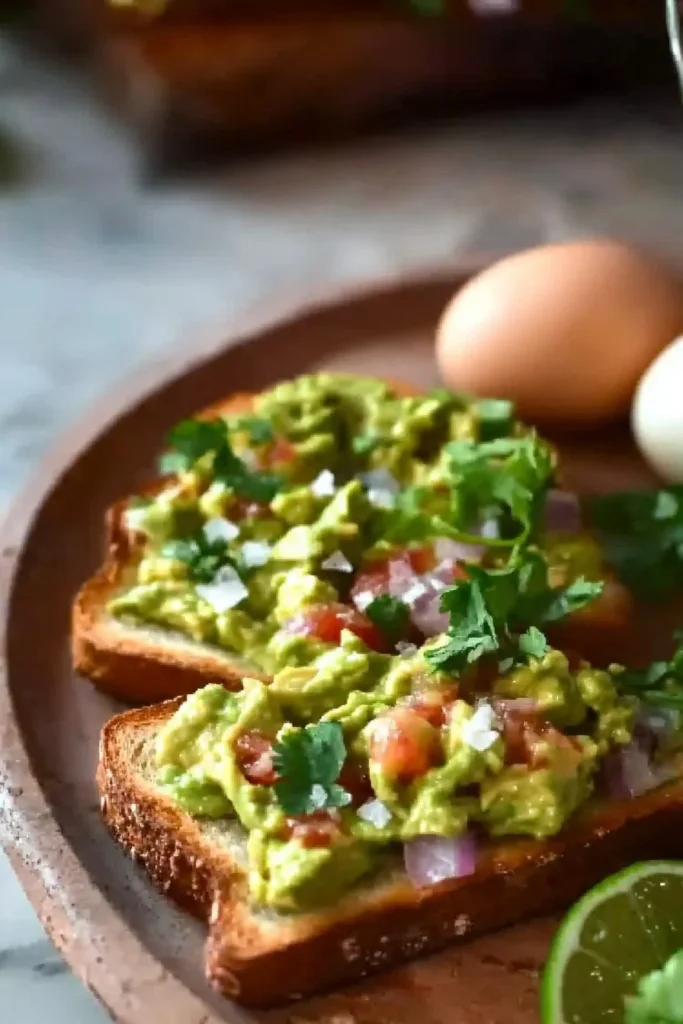 Delicious breakfast guacamole toast topped with fresh ingredients.