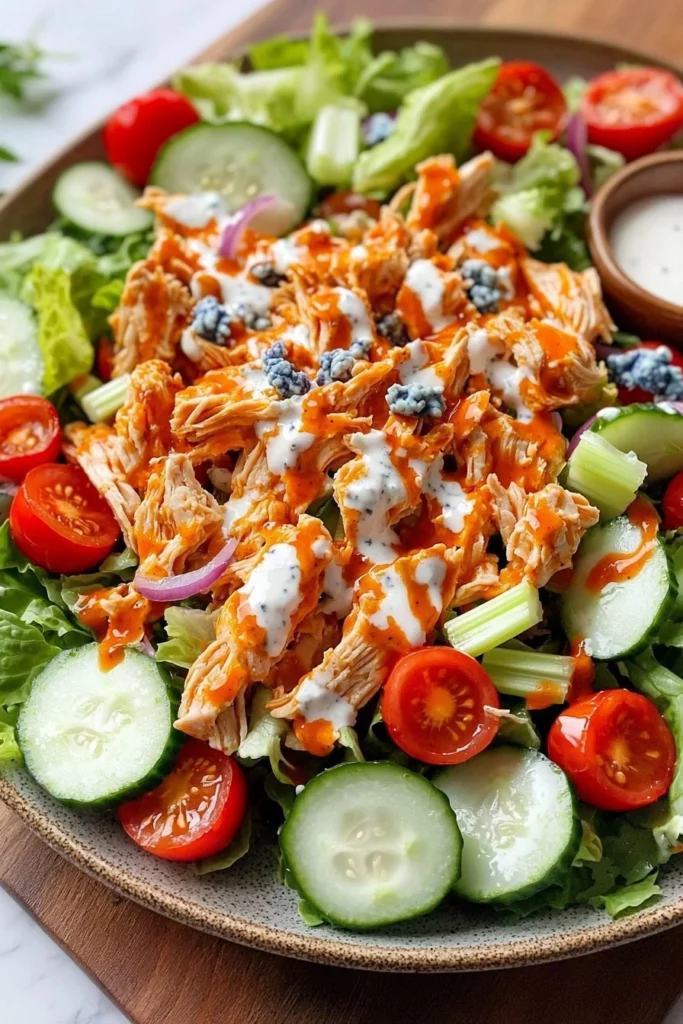 Delicious Buffalo Chicken Chopped Salad with fresh vegetables and spicy chicken.