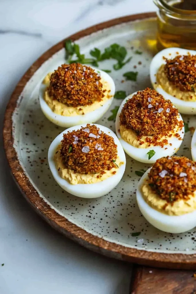 Delicious Cajun style fried stuffed eggs garnished and ready to serve