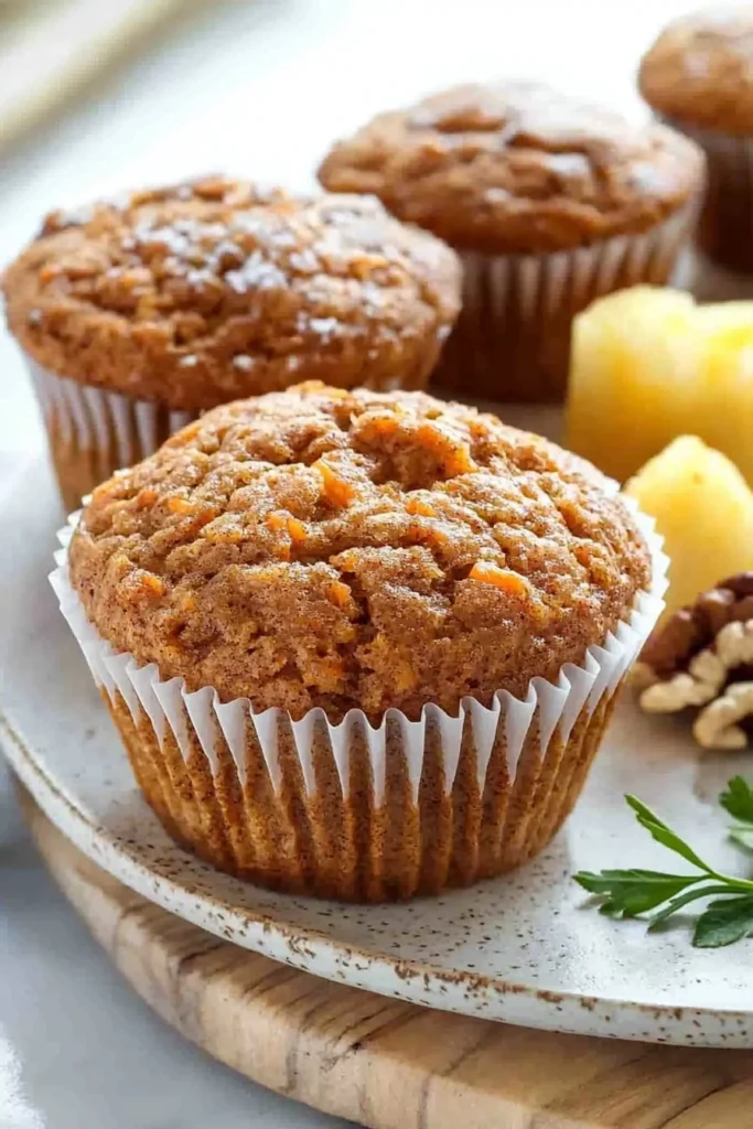 Delicious carrot cake muffins topped with cream cheese frosting on a plate