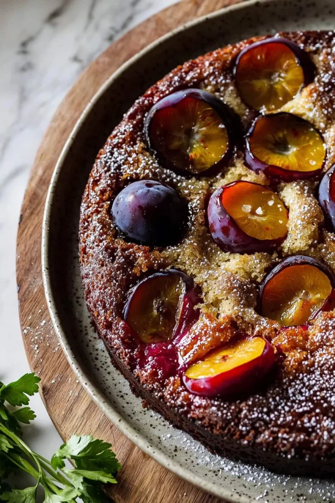 Chai spiced plum cake served with a cup of tea