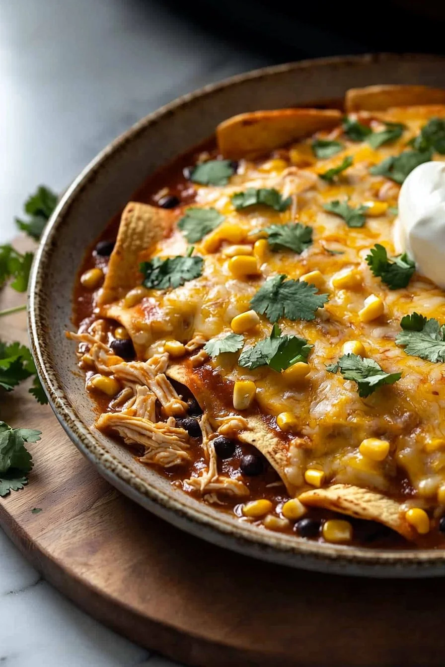 Cheesy Crockpot Chicken Enchilada Casserole