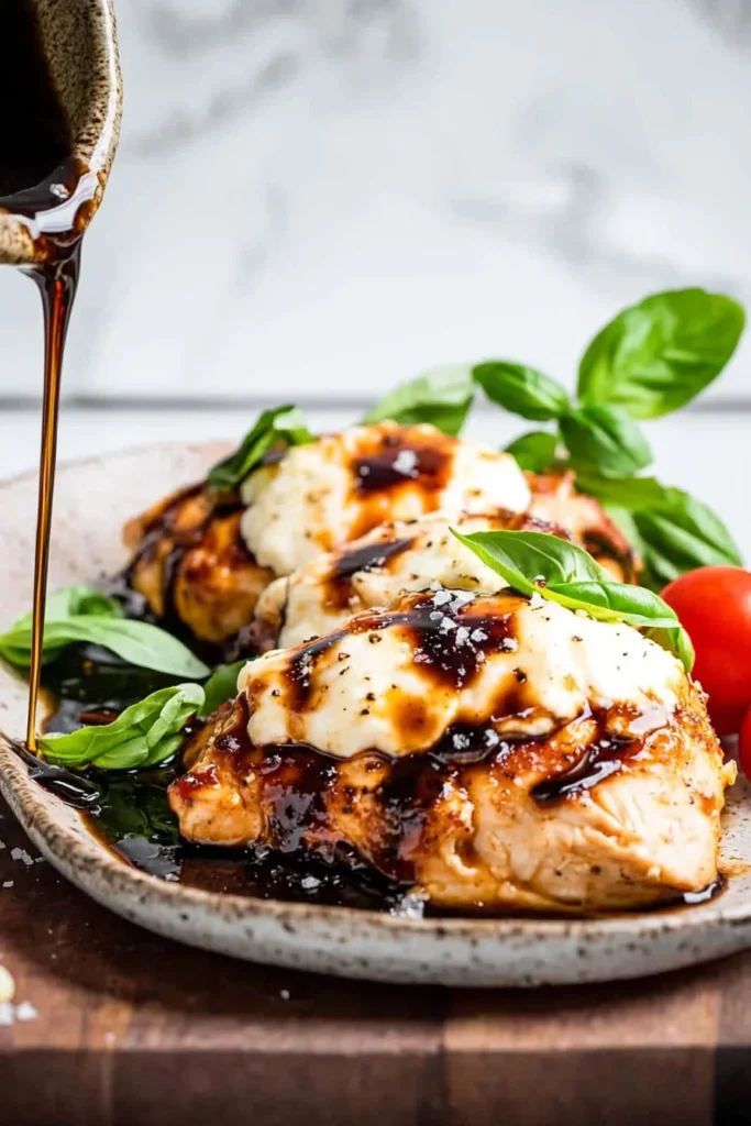 Cheesy one pan balsamic chicken dish served with fresh herbs and vegetables.