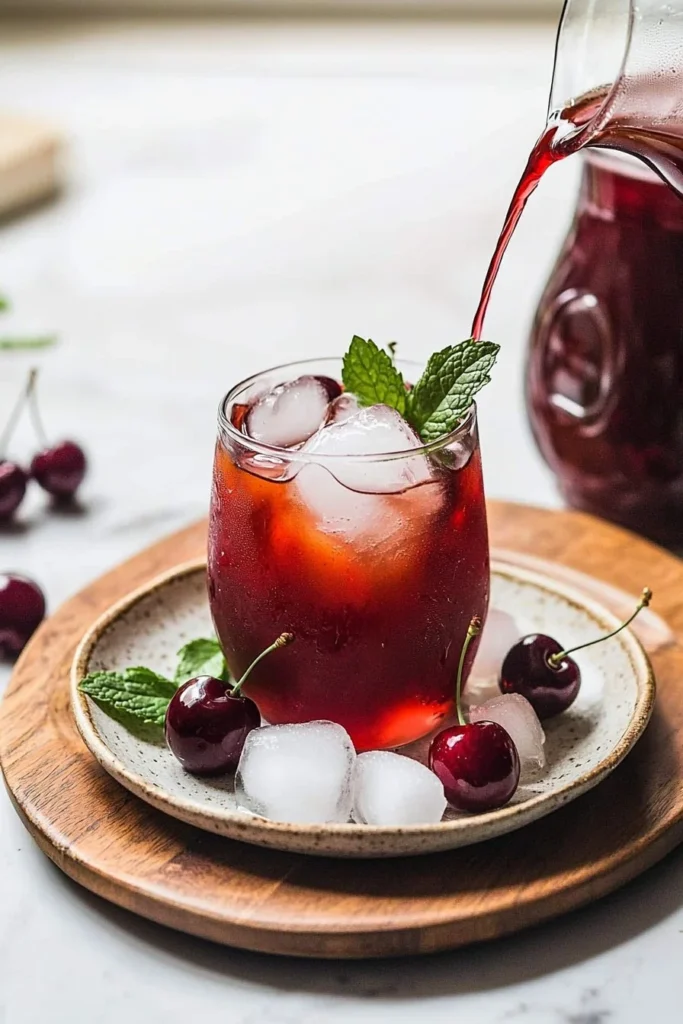 Glass of refreshing Cherry Iced Tea garnished with fresh cherries and mint